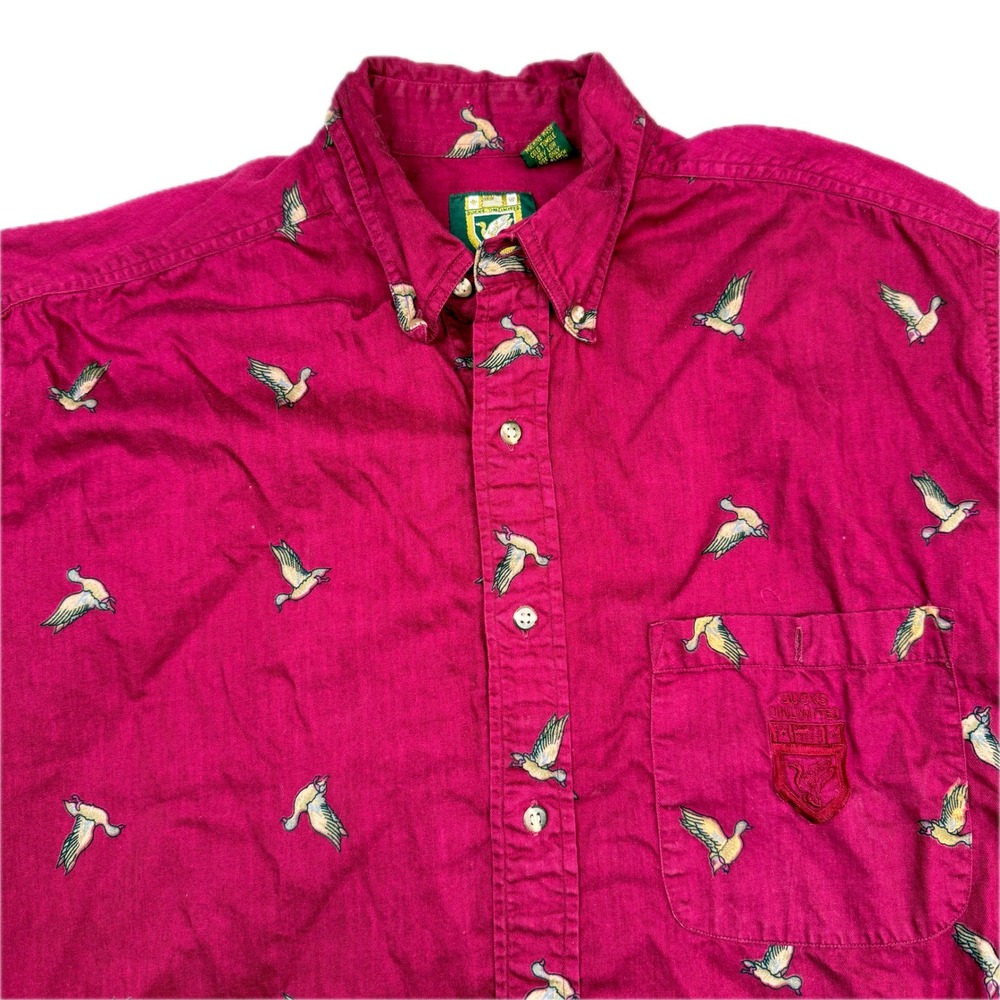 90s Vtg Ducks Unlimited Red Flannel Button Down Shirt Men's Large all over print